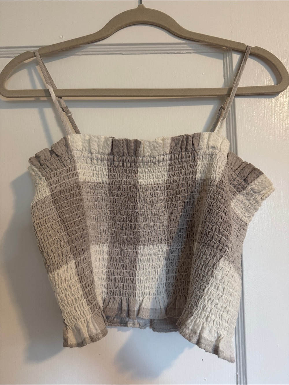 Lou & Grey Cream and Taupe Smocked Plaid Crop Top
